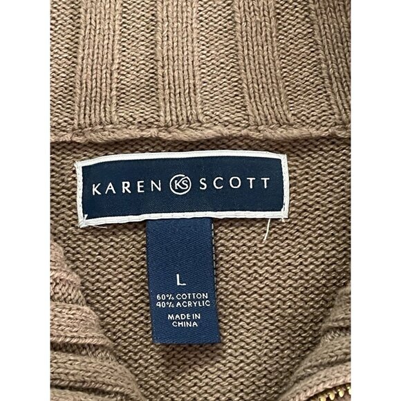 Karen Scott Womens Tan Zip-Up Cardigan Sweater Large Cotton Blend With Pockets & - Picture 2 of 16